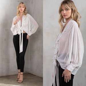 Lovestitch Top Womens Size Large Beige Celeste Chiffon Tie Front Top